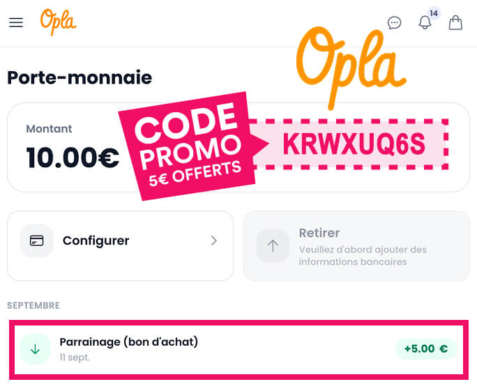 Code parrain Opla 5€ offerts cagnotte porte -monnaie